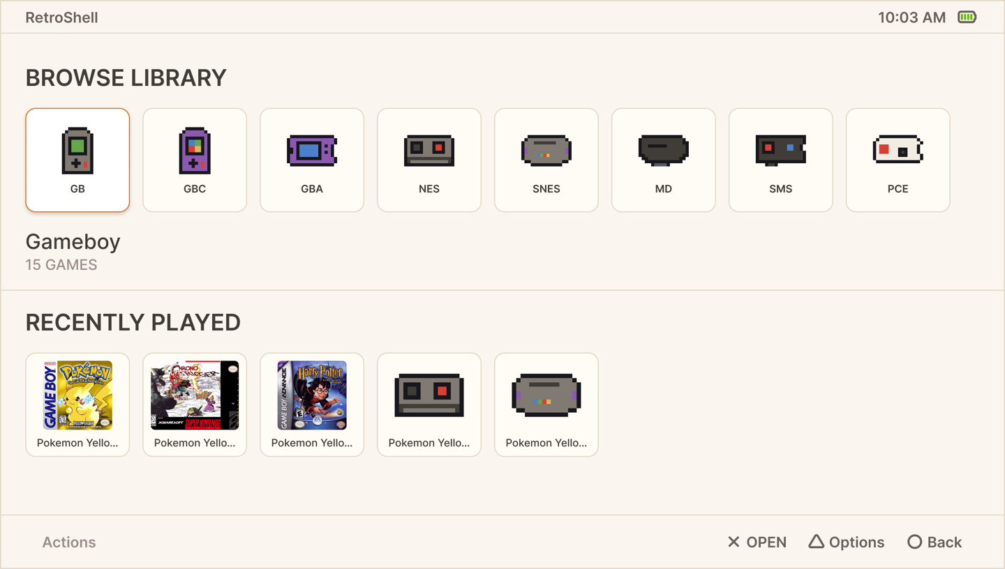 RetroShell home screen showing console shortcuts and recently played games